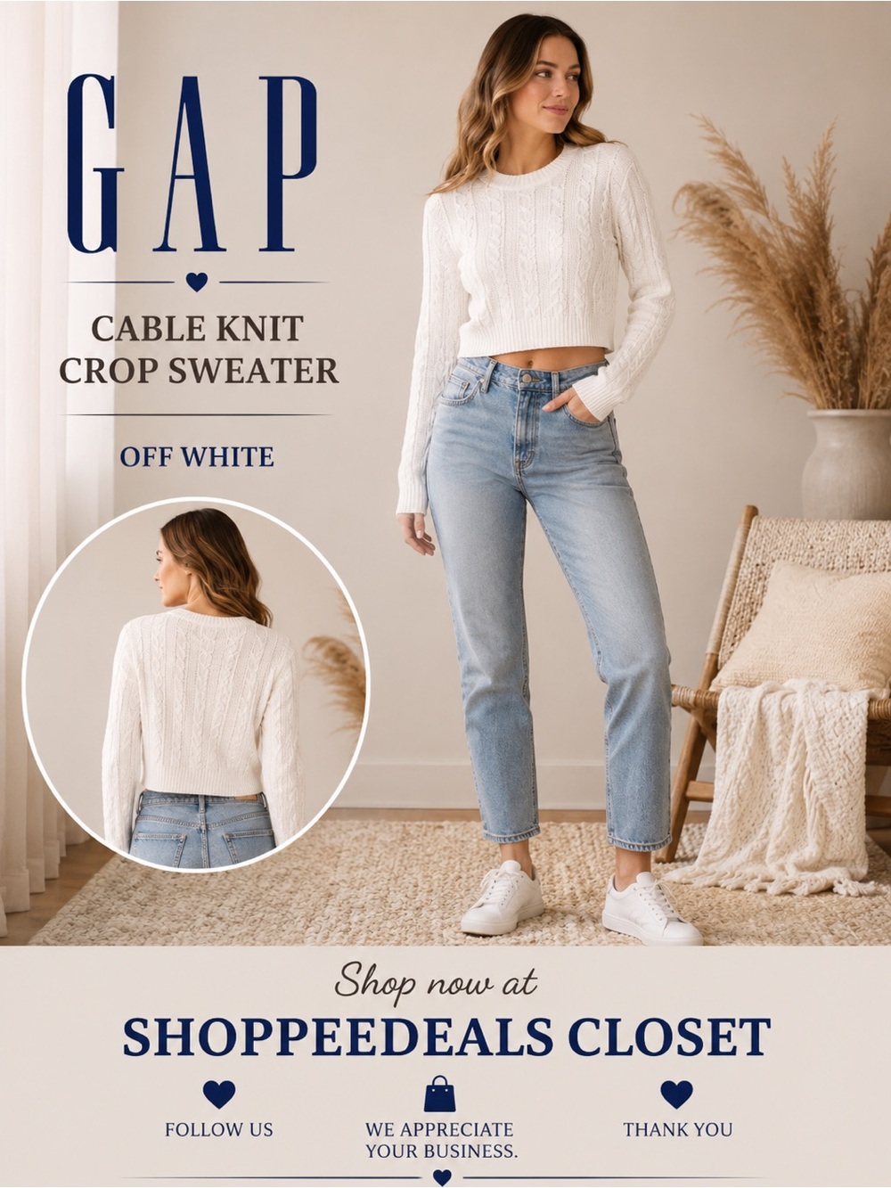 GAP Cable Knit Crop Sweater – Off White – Women’s XS